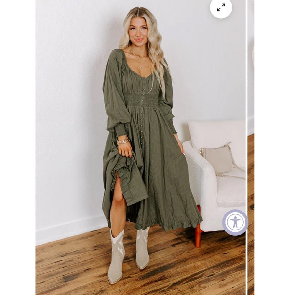 Olive Green Long Sleeve Midi Dress